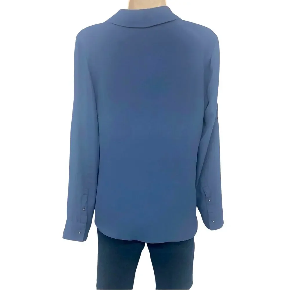 Express Blue Two Front Zip Pockets V Neck Breezy Popover Blouse Roll Tab Sleeve